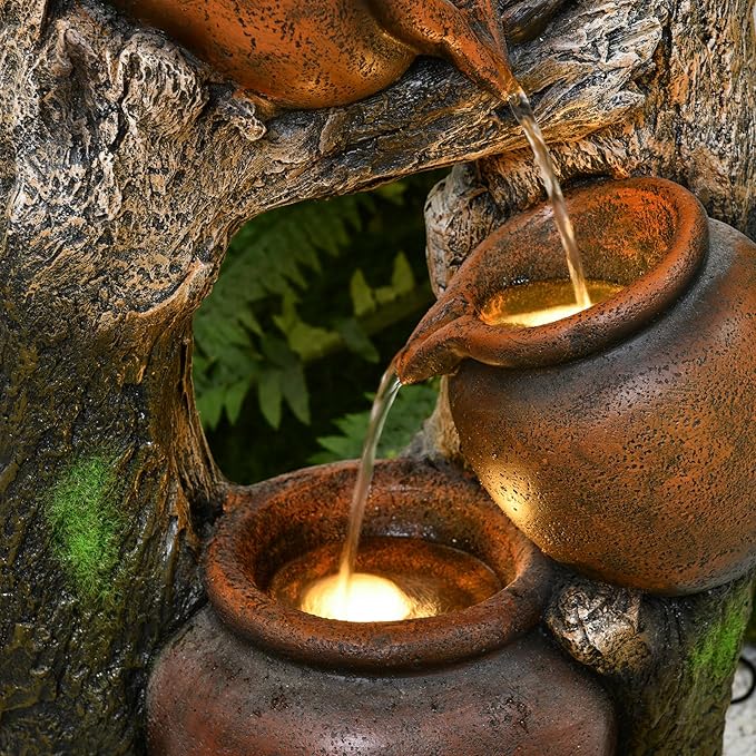 30" Outdoor Garden Water Fountain with Lights 4 Tiers Cascading Large Waterfall Floor Standing Fountain for Patio, Backyard, Deck, Porch and Home Art Decor