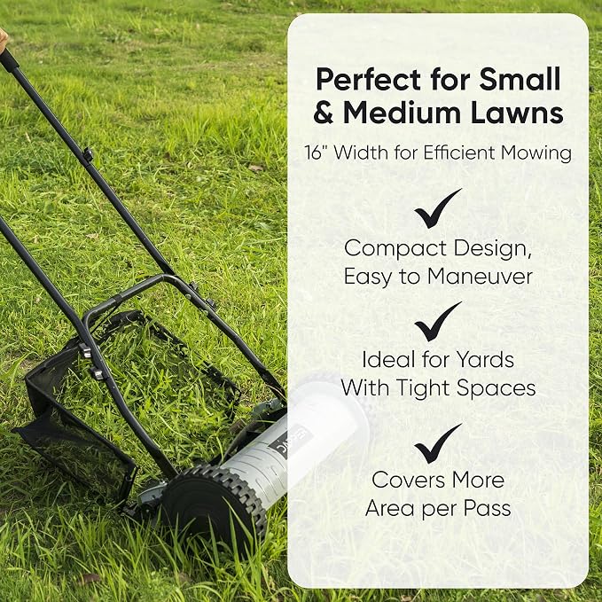 16" Push Reel Lawn Mower with Grass Catcher – Manual 5-Blade Hand Mower, Adjustable 3-Position Cutting Height (0.5"–1.75"), Lightweight & Eco-Friendly – 1-Year Warranty - Image 5