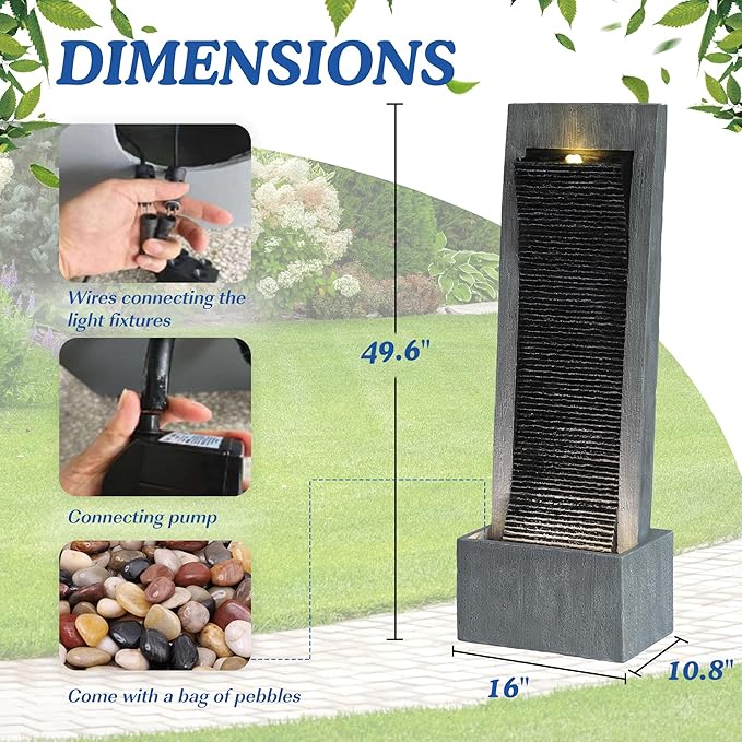 49.6" H Water Fountains Outdoor Garden Decor - Water Fountains and Waterfalls Outside, Large Indoor Floor Standing Resin Fountain Features W/Pump LED Light Cobbles for Patio, Home Art Decor