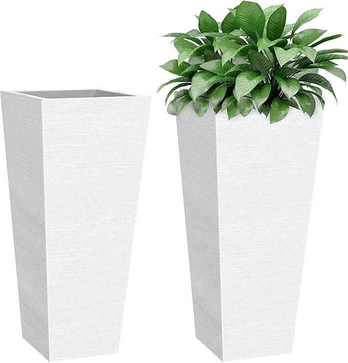 Verel Set of 2 Tall Outdoor Planters - 24 Inch Large Planters with Small Planting Pots – Indoor and Outdoor Rectangular Flower Pots for Front Door, Patio and Deck (White)