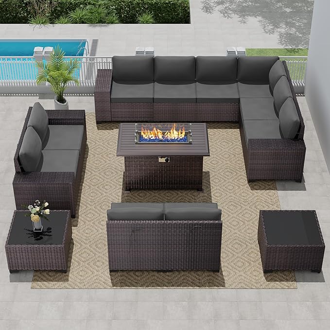 13 PCS Outdoor Patio Furniture Set,Outdoor Sectional Furniture with 43" 55000 BTU Gas Propane Fire Pit Table,All Weather PE Rattan Wicker Patio Conversation Set,Grey
