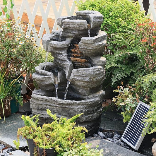 6-Tier Solar Water Fountain Outdoor, 24.4" H Cascading Rock Feature Garden Fountains and Waterfalls with Light, Pump, Solar Panel for The Patio, Deck, Porch, Backyard Home Décor, Stone Gray