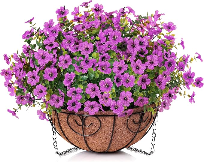 HyeFlora Artificial Fake Hanging Plants Flowers Basket for Outdoor Outside Porch Spring Decoration, Faux Silk Purple Daisy Realistic UV Resistant in Planter for Home Patio Balcony Garden Yard - Image 5