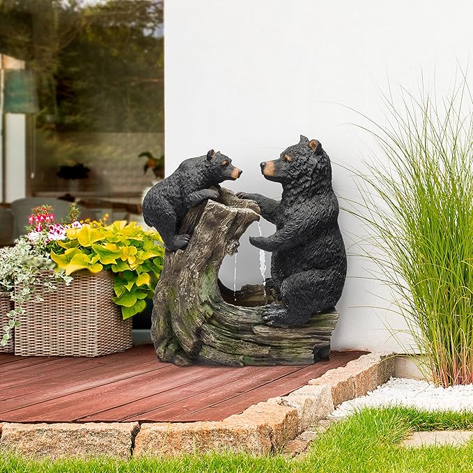 Alpine Corporation USA1132 Indoor/Outdoor Floor Bear and Cub on Log Fountain, Playful Bear and Cub Garden Fountain 26", Black