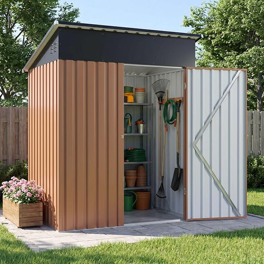 DAUSOLA 5x3 FT Outdoor Storage Shed, Metal Garden Tool Shed with Updated Frame Structure and Lockable Doors, Ideal for Backyard Garden Patio Lawn, Brown by DAUSOLA