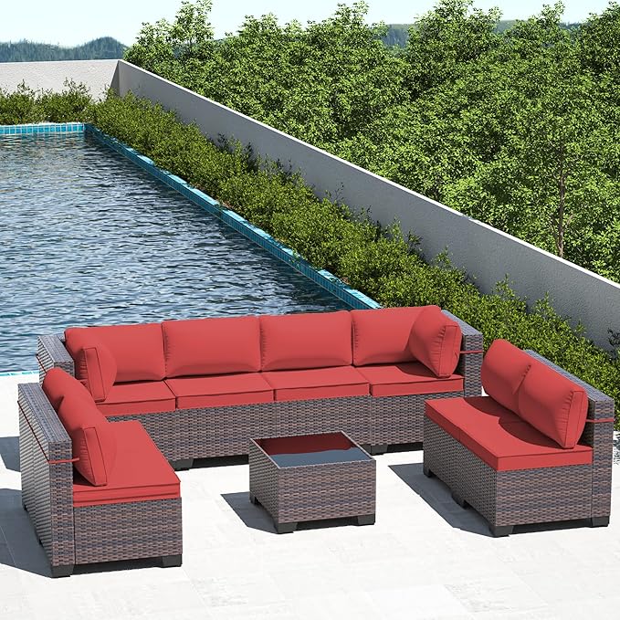 9 Pieces Outdoor Patio Furniture Set,Outdoor Sectional Furniture All Weather PE Rattan Wicker Patio Conversation Set with Coffee Table and 8 Thickened Cushions,Red