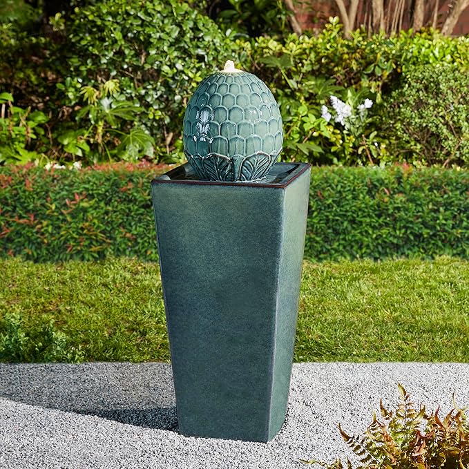 Glitzhome 35.75" H Tall Ceramic Outdoor Water Fountain with LED Light Oversized Artichoke Pedestal Fountains with Submersible Pump Patio Fountain Waterfall for Garden Patio Deck Porch, Turquoise