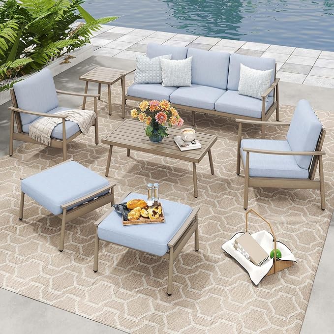 HAPPATIO Patio Outdoor Furniture Set - 7 Pieces Aluminum Outdoor Conversation Set Includes 1 Three-Seater Sofa, 1 Coffee Table, 1 Side Table, 2 Armchairs and 2 Ottomans for Porch Lawn (Brown)