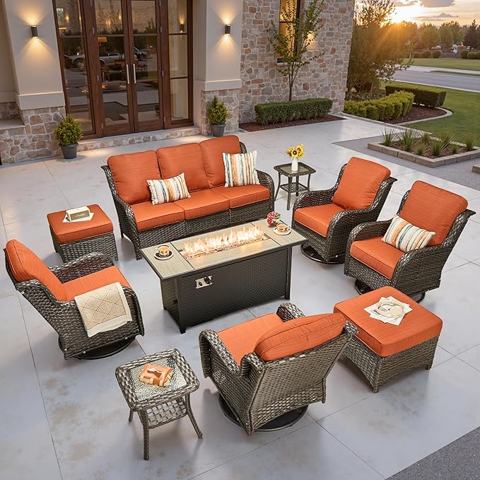 ovios 10-Piece Patio Furniture Set with Swivel Chairs Coffee Table, Outdoor Wicker Sofa with 54" Fire Pit Table, High Back Couch Modern Conversation Sets, Brown/Orange Red