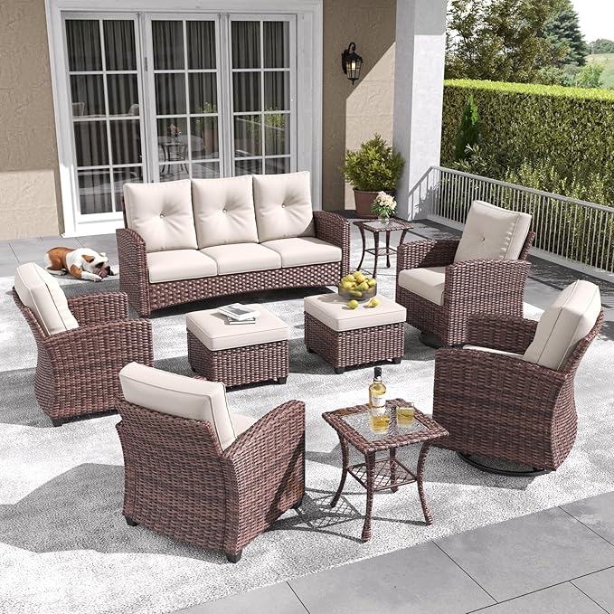 LayinSun 9 Pieces Patio Furniture Set with Swivel Chairs, Rattan Wicker Rocking Glide Chairs with Coffee Table Conversation Set