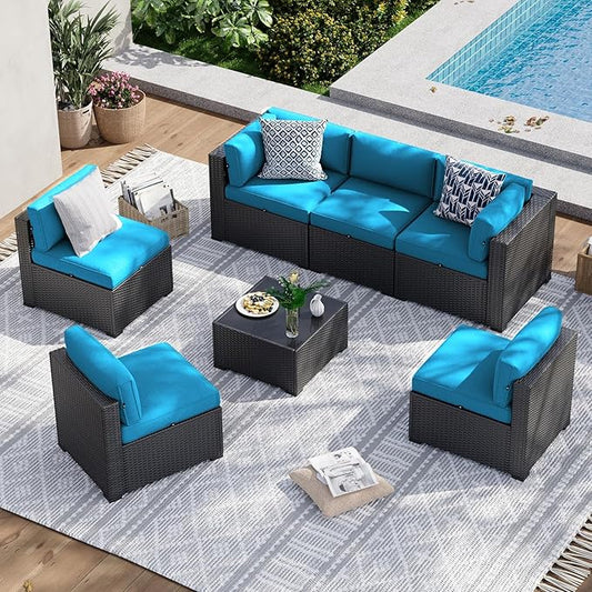 Aoxun 7 Piece Patio Furniture Set, Wicker Rattan Patio Sectional Sofa, Outdoor Furniture Set with Thickened Cushion, Light Gray
