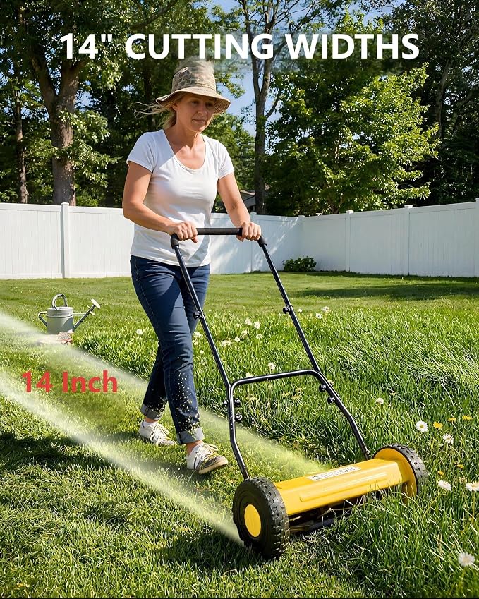 14-Inch Hand Push Reel Lawn Mower, 5-Blade Manual Push Lawnmower, 0.4-4“ Adjustable Cutting Height, Lightweight for Small/Medium Yards, Easy Assembly, Compact & Quiet, Yellow - Image 3