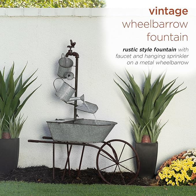 Alpine Corporation MCC574 Outdoor Floor Galvanized Shovel Pitcher Bucket Fountain, 41" Vintage Garden Water Feature, Patio & Backyard Décor, Gray