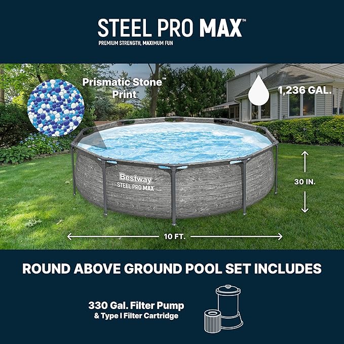 Bestway Steel Pro MAX 10' x 30" Above Ground Pool, Round Metal Frame Outdoor Swimming Pool Set with Filter Pump, Stacked Stone Print - Image 3