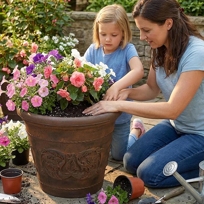 Sunnydaze 19.5-Inch Arabella Large Plastic Pot for Plants - Outdoor Double-Walled Polyresin Large Plastic Planter with Drillable Drainage Holes - 2 Pack - Rust