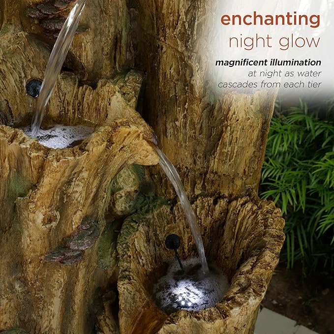 Alpine Corporation 65" Tall Outdoor 4-Tier Cascading Tree Bark Water Fountain with LED Lights