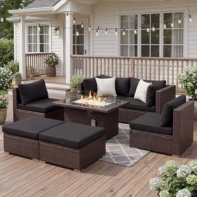 BULEXYARD 7 Pcs High Back Patio Furniture Set with Fire Pit Table Propane/Natural Gas Dual Fuel, Heavy Duty Outdoor Sectional Couch, Comfy Backyard Seating for Exterior, Brown Wicker & Black Cushion