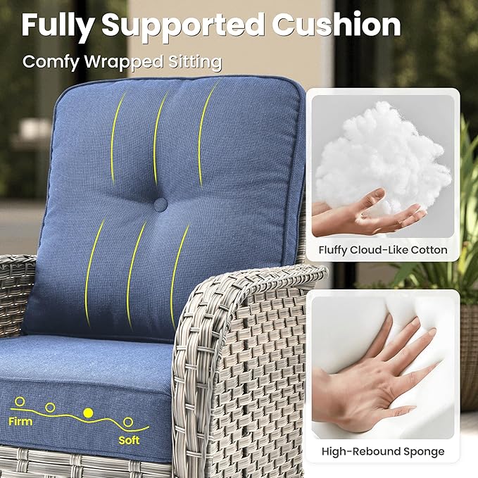 ovios 9-Piece Patio Furniture Set with L-Shape Sofa Chaise, Outdoor Sectional Couch Swivel Gliders Fire Pit Table Solar Table, Modern Modular Wicker Rattan Conversation Set, Denim Blue