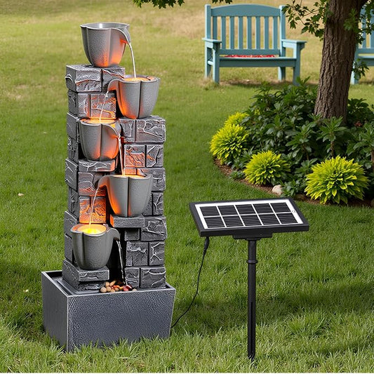 Cheng Pin Solar Powered Outdoor Water Fountain -38.2 in. Tall 4 Tiers Waterfall Fountain with Tulip Design and LED Lights,Create Outside Natural Water Feature for Garden,Patios,Lawns,Grey
