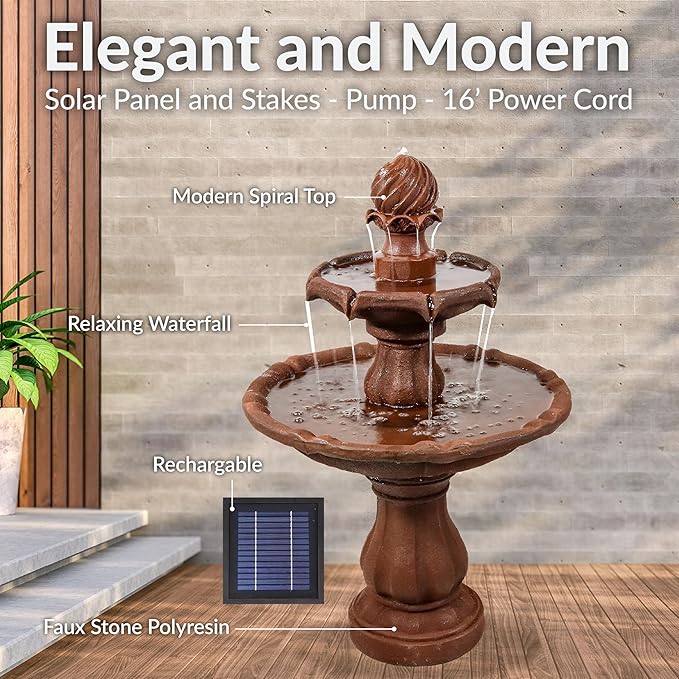 Sunnydaze 35" Solar 2-Tier Outdoor Water Fountain - Outdoor Water Fountain with Battery Backup and Pump - Rust
