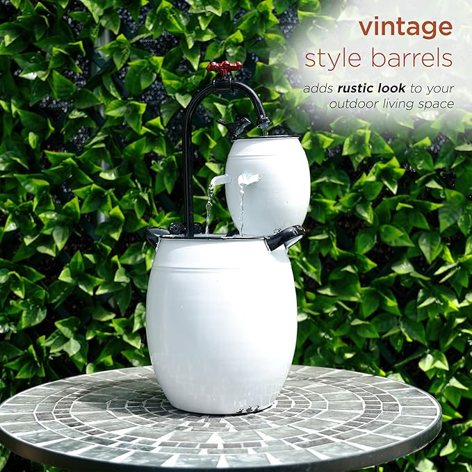 Alpine Corporation YHL428 Outdoor Tabletop Barrels and Faucet Water Fountain, Antique Tabletop Décor Fountain 19", White