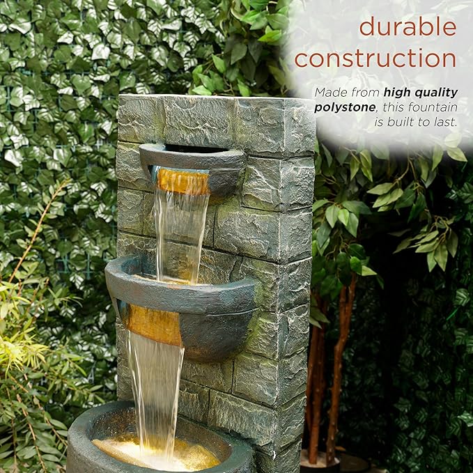 Alpine Corporation TZL384 Outdoor 3 Tier Water Fountain with LED Lights for Garden, Patio, Lawn and Yard Spaces, 51" H, Gray