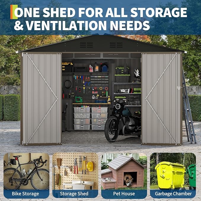10 X 10 FT Outdoor Storage Shed,Metal Garden Sheds&Outdoor Storage, Lockable Gable Roof Garden Tool Shed, All-Weather Resistant Storage Unit for Bikes, Ladders, Patio Supplies & Garden Essentials - Image 6