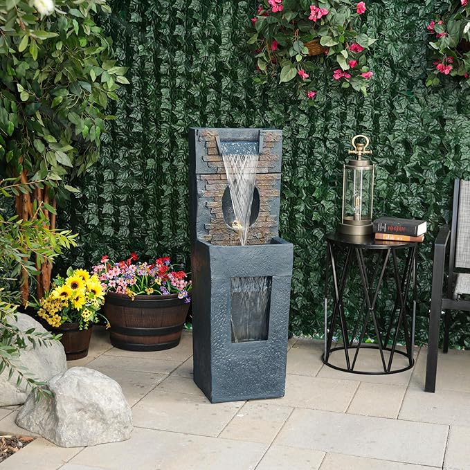 Alpine Corporation TZL398 40" Stone Wall Cascading Fountain with LED Lights, Elegant Outdoor Water Feature for Garden, Patio, Backyard & Home Decor, Relaxing Waterfall Fountain, Gray