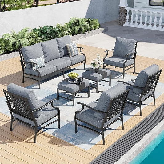 7 Piece Metal Outdoor Patio Furniture Set, Patio Conversation Sets 1 3-seater Sofa, 4 Fixed Chair, 2 Ottomans with 5.75" Thick Cushion, Black All-weather Frame Backyard Furniture, Gray