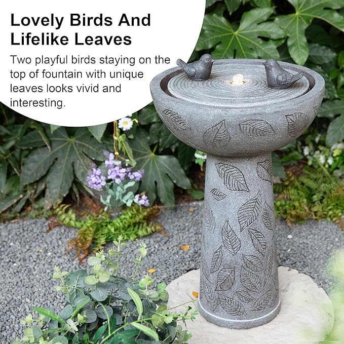 Glitzhome Outdoor Water Fountain with Lights & Pump, Bird Bath Fountain with Birds, 27.5" H Polyresin Floor Waterfall Fountains Water Feature for Garden, Yard, Patio, Home Decor