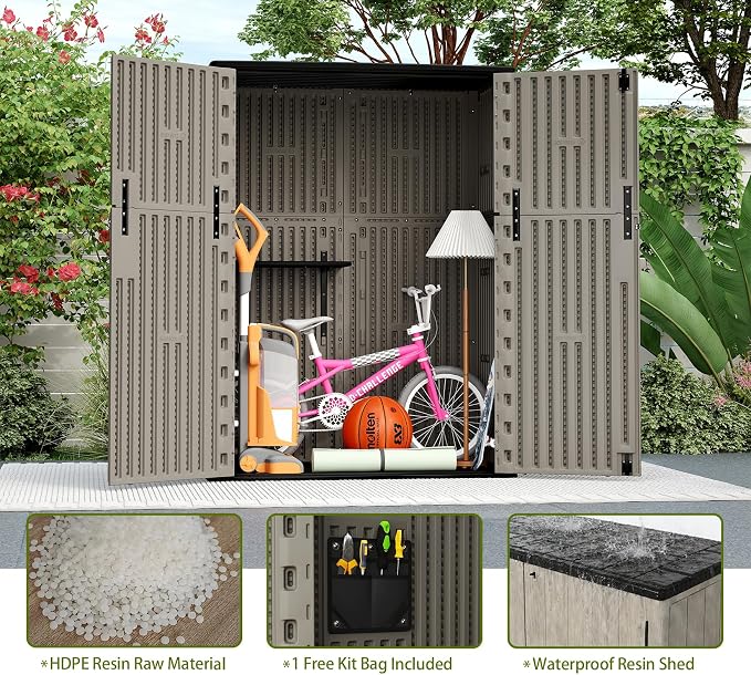 ZZM 57 Cu.ft Outdoor Storage Shed with Floor HDPE Double-Wall Resin Sheds Outdoor Storage, Lockable Weatherproof Storage Cabinet Fit for Garden Tools, Garage can, Bike, Patio Furniture, Brown - Image 6