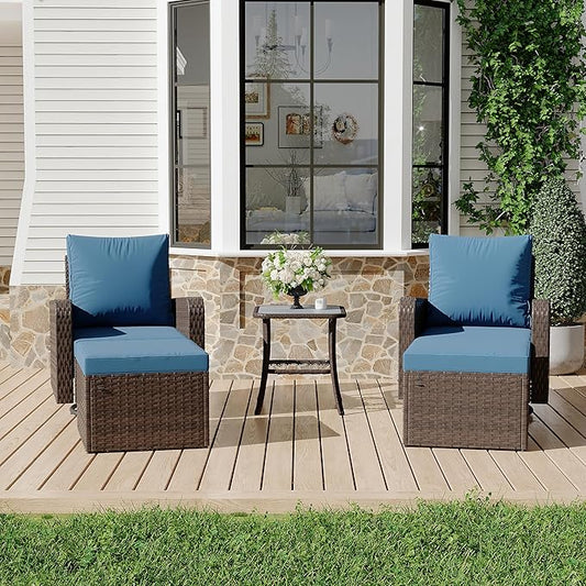 HOMREST 5 Piece Outdoor Patio Furniture Set-360 Wicker Swivel Chairs Set of 2 w/ 2 Ottoman, Coffee Table & Cushions Patio Bistro Set for Garden, Balcony (Navy)