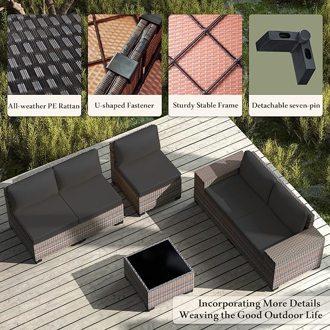 12 PCS Outdoor Patio Furniture Set,Outdoor Sectional Furniture All Weather PE Rattan Wicker Patio Conversation Set with 2 Coffee Tables and 10 Thickened Cushions,Black