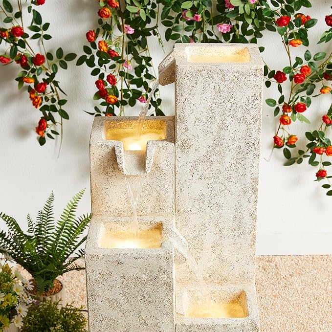 Glitzhome 34" H Outdoor Water Fountain with LED Light and Pump, 4-Tier Vintage Faux Terrazzo Geometric Square Column Polyresin Outdoor Floor Standing Fountain for Porch Deck Patio Backyard
