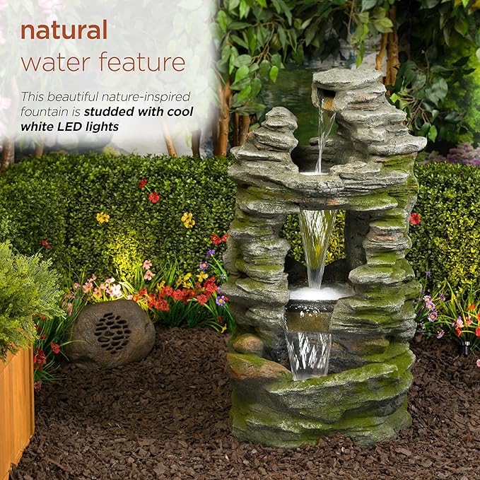 Alpine Corporation WIN1648 39" Stacked Stone Rainforest Fountain with Cool White LED Lights – Cascading Waterfall Feature for Garden, Patio, and Outdoor Décor
