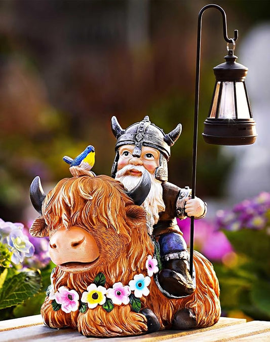 Garden Gnome Outdoor Statue Highland Cow Decor for Yard Patio Lawn Porch Birthday Gifts for Women Men, Mother’s Day, Housewarming with Solar Light Gnome Decor for Outside