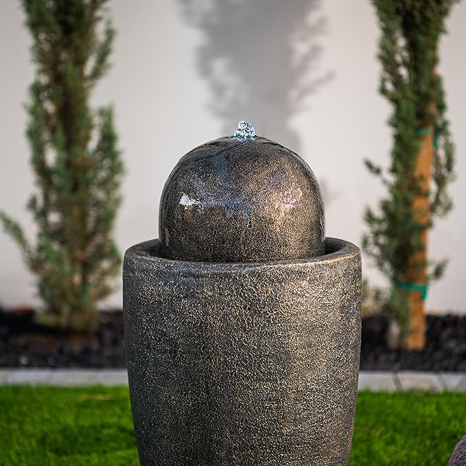 XBrand 26" Modern Sphere Water Fountain with LED Light – Indoor Outdoor Stone Texture Floor Fountain, Zen Bubbling Ball Water Feature for Garden Patio Porch - Bronze