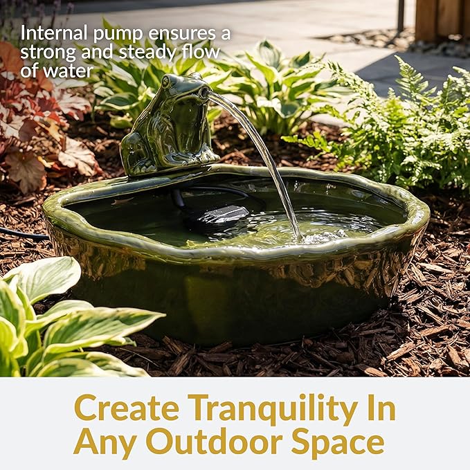 Sunnydaze Ceramic Solar-Powered Water Fountain - Green Glaze - Low-Voltage Submersible Pump with Filter - Frog