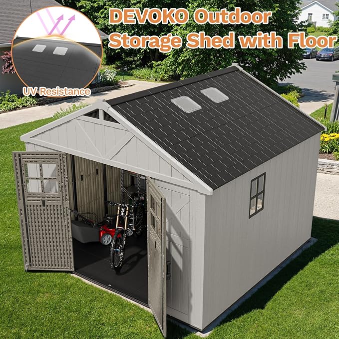 Devoko 10x10 FT Resin Outdoor Storage Shed with Floor, Plastic Tool Garden Shed with Windows & Lockable Door, Outside Large Storage Shed for Patio Backyard Lawn, Beige - Image 3