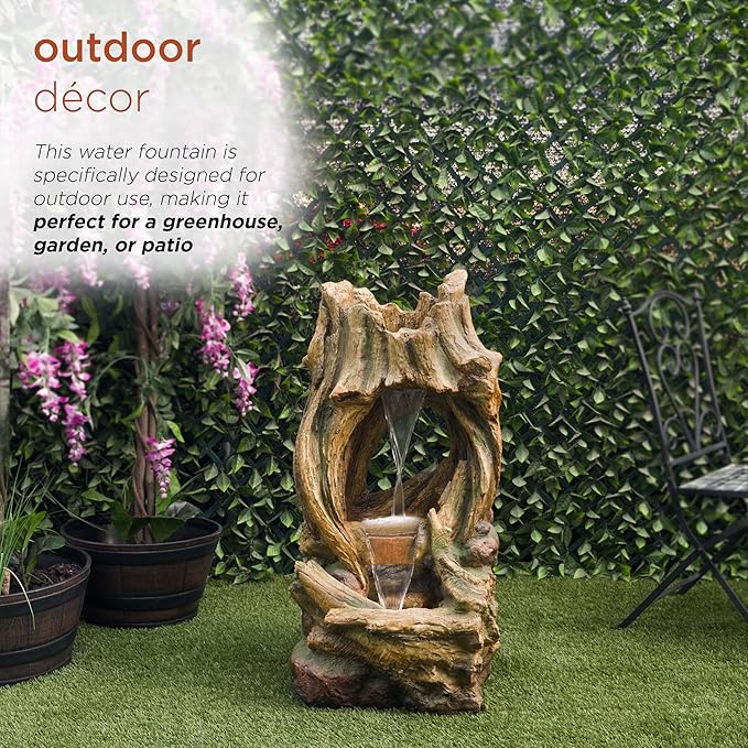 Alpine Corporation 40" Tall Open Tree Trunk Floor Fountain with Cool White LED Lights, Tiered Garden Decor, Brown