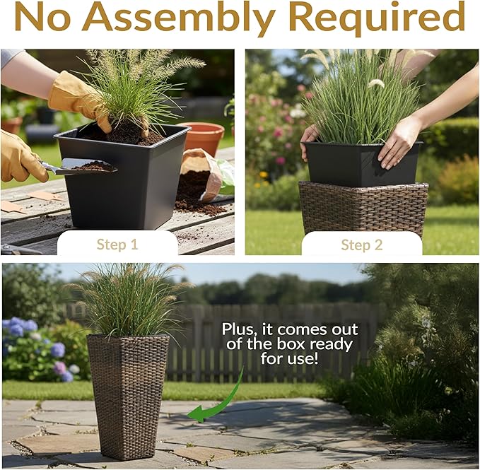 Sunnydaze Set of 2 Square Tall Wicker Planters - Polyrattan Rectangular Large Plastic planters for Outdoor Plants - 24-Inches Tall - Brown