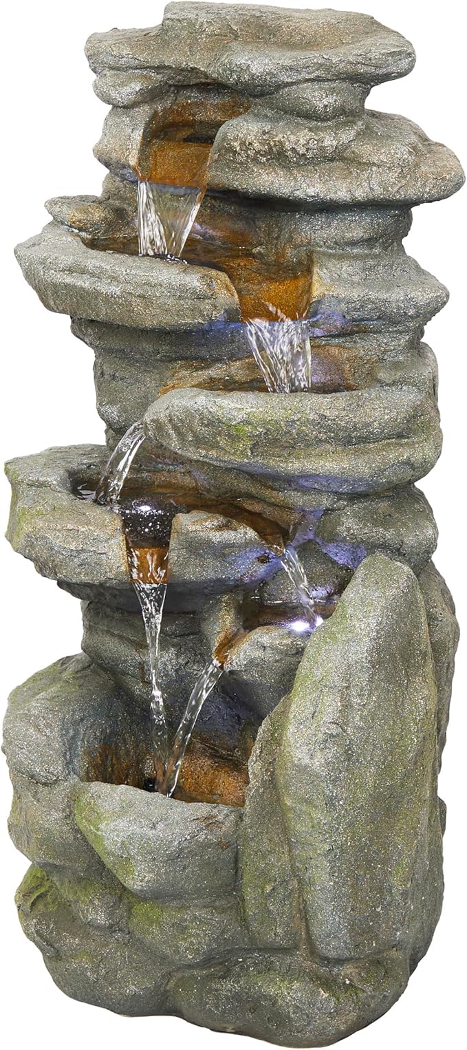 Alpine Corporation 24" H Outdoor Waterfall Floor Fountain with White LED Lights, Gray