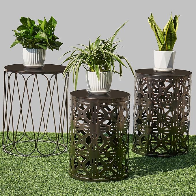 Y&M Set of 3 End Tables, Nesting Metal Round Coffee Table, Heavy Duty Metal Plant Stand Garden Stool, Outdoor Multifunctional Use Black with Bronze (Ship from US) by YM