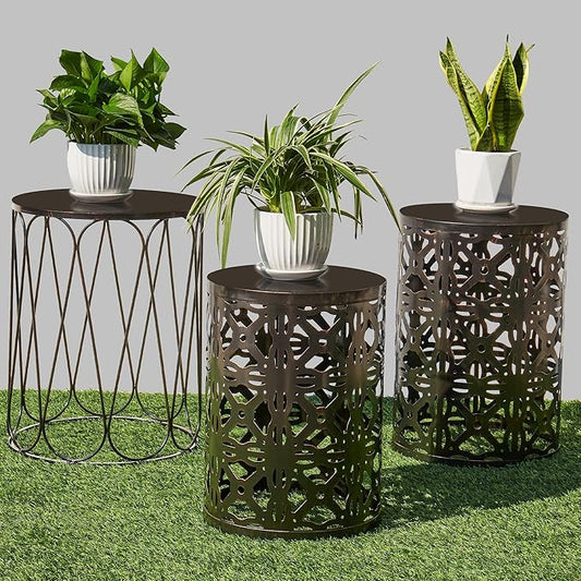 Y&M Set of 3 End Tables, Nesting Metal Round Coffee Table, Heavy Duty Metal Plant Stand Garden Stool, Outdoor Multifunctional Use Black with Bronze (Ship from US) by YM