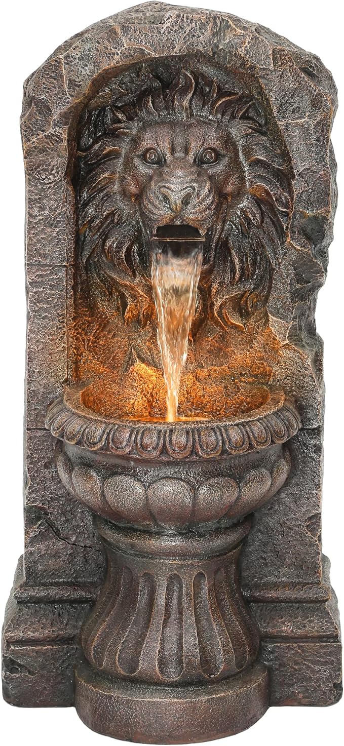30" Majestic Lion Head Outdoor Water Fountain, Rustic Stone Pedestal Cascading Water Feature with Warm LED Lights, Tranquil Oasis for Outside Garden Patio Yard Decor
