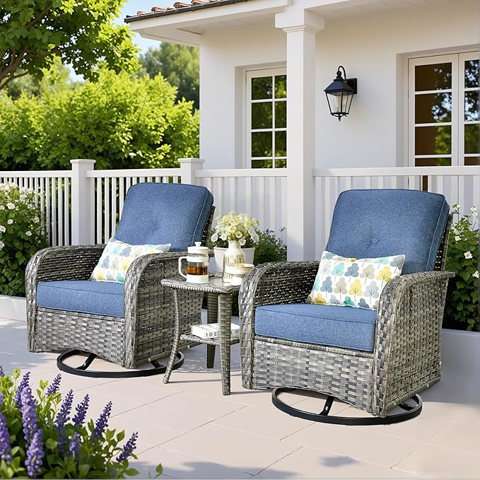 Wicker Rocking Chair Swivel Chairs - 3 Piece Rocker Glider Patio Chairs Set Rattan Rocking Chair for Outdoor Porch Deck Garden Backyard,Blue