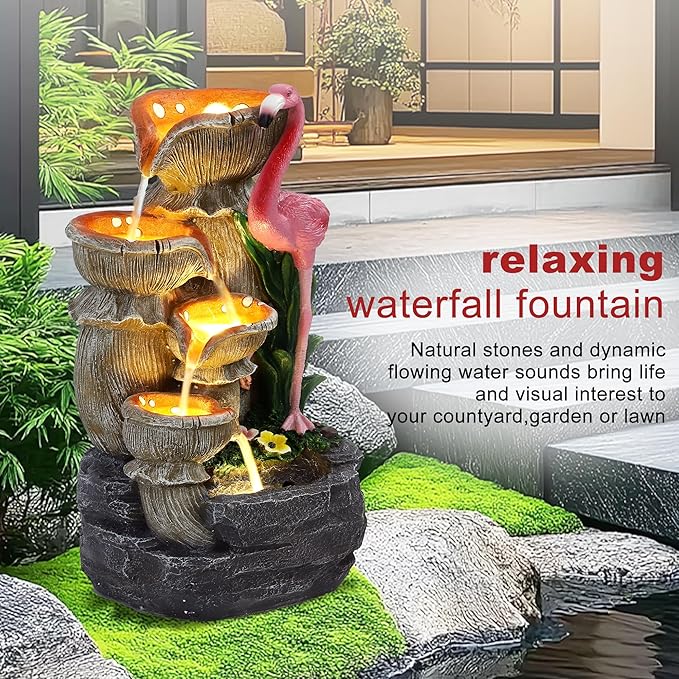 5 Tier Outdoor Garden Water Fountain, 25" H Waterfall Fountain with 5 LED Lights and Pump, Floor Standing Cascading Resin Fountains for Indoor and Patio Garden, Modern Flamingo Fountains, Pink