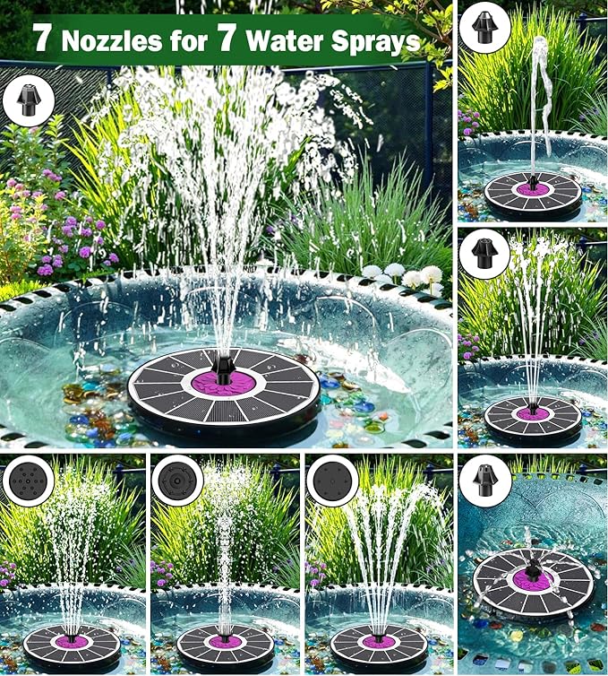 SZMP Powerful 3.5W Anti-Drift Solar Fountain for Bird Bath, Solar Powered Water Pump with 7 Nozzles, Bird Bath Fountain for Garden, Pool, Pond – Attracts Hummingbirds (White)