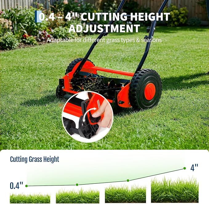 16" 5-Blade Push Reel Lawn Mower, Manual Push Mower with Adjustable Cutting Height, Compact Lawnmower for Small to Medium Yard and Field, Lightweight Hand Reel Push Mower, Red - Image 4
