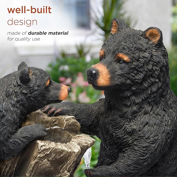 Alpine Corporation USA1132 Indoor/Outdoor Floor Bear and Cub on Log Fountain, Playful Bear and Cub Garden Fountain 26", Black